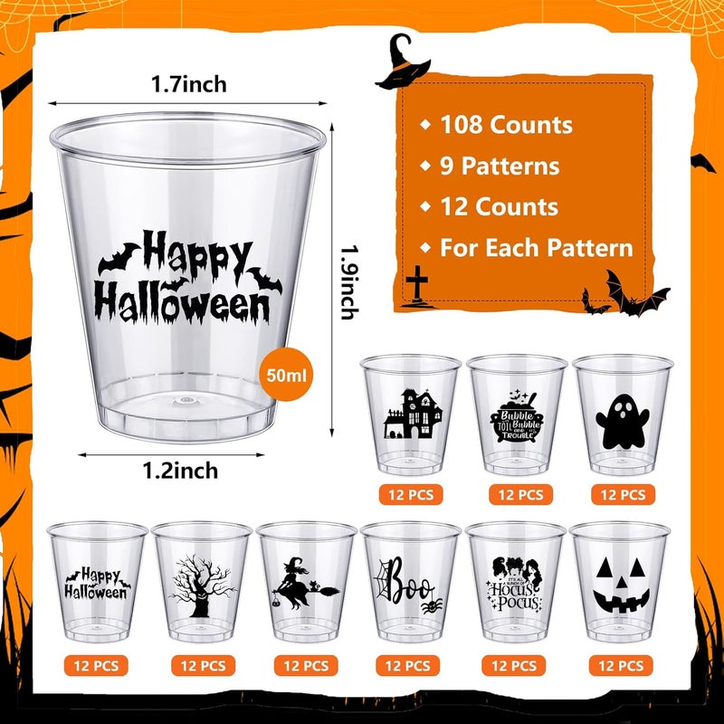 Booson 108 Pcs Disposable Plastic Shot Glasses - 1.69 Oz Clear Pumpkin Witch Whiskey Drinking Cups for Halloween Decoration & Trick or Treat Supplies, 9 Designs - Image 2
